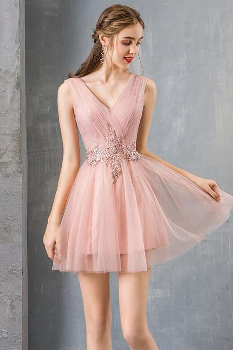Pink v neck tulle lace short prom dress pink homecoming dress