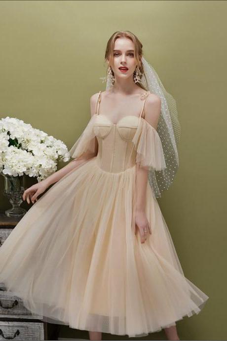 Simple A-line Champagne Tulle Short Prom Dress,champagne Evening Dress
