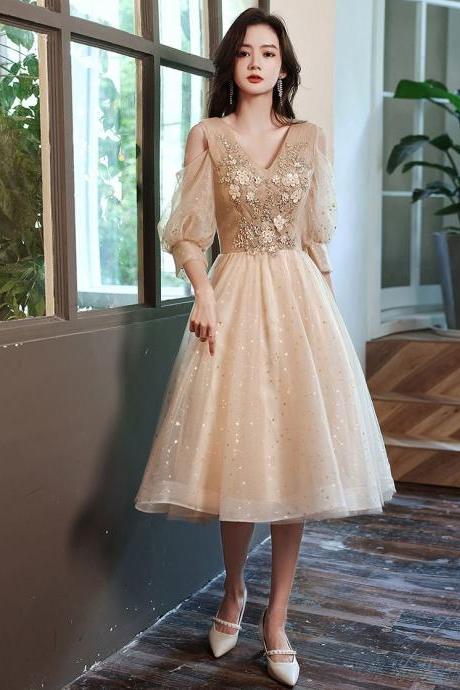 Champagne v neck tulle lace short prom dress,champagne evening dress
