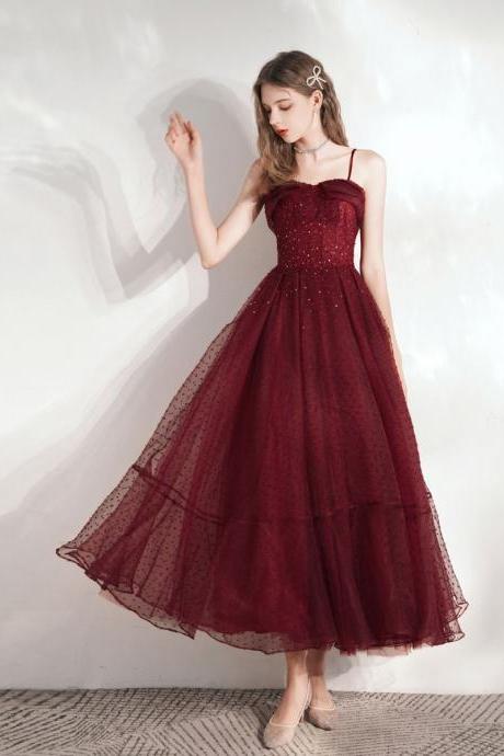 Burgundy sweetheart tulle lace tea length prom dress,evening dresses