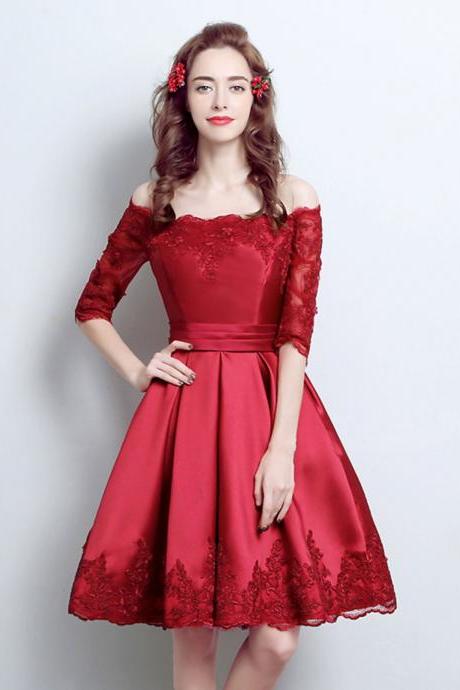Burgundy Lace Satin Short Prom Dress,burgundy Bridesmaid Dress