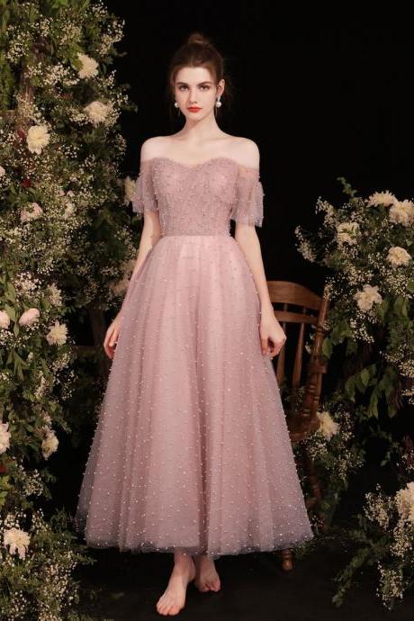 Pink Sweetheart Tulle Tea Length Prom Dress,pink Formal Dress