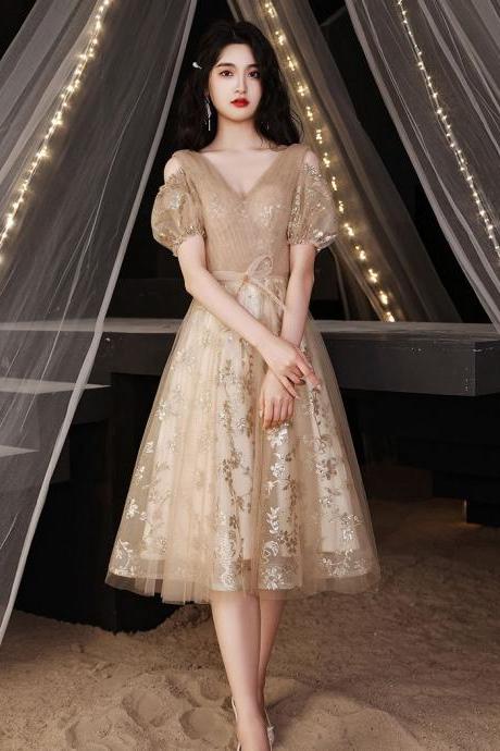 Champagne V Neck Tulle Lace Short Prom Dress,champagne Evening Dress