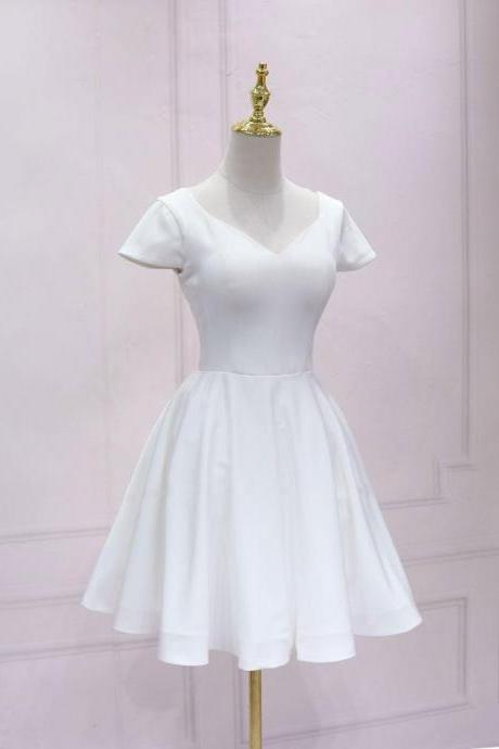 Simple White V Neck Lace Short Prom Dress,white Bridesmaid Dress