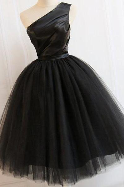 Black One Shoulder Vintage Party Dresses, Black Homecoming Dresses 