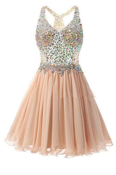Beaded Sparkle Cute Party Dresses, Knee Length V-neckline Chiffon Prom Dresses, Homecoming Dresses