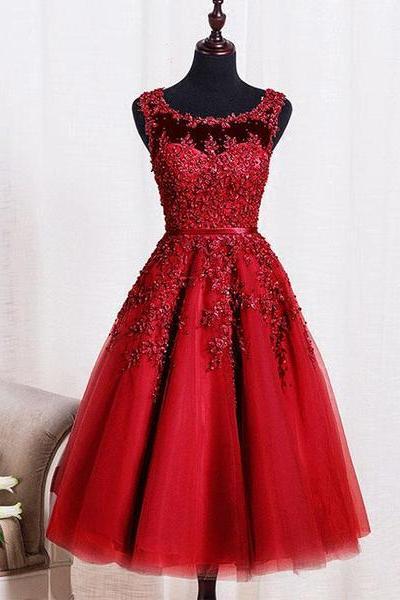 Red Tulle Tea Length Party Dresses, Prom Dresses , Red Homecoming Dresses