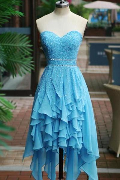 Blue High Low Beaded Lovely Homecoming Dresses, Blue Short Prom Dresses, Party Dresses