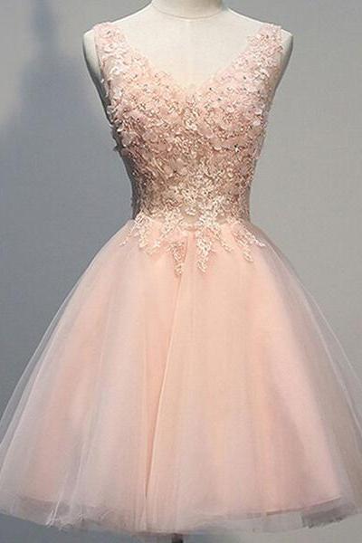 Lovely Tulle V-neckline Pink Party Dresses, Pink Formal Dresses, Homecoming Dresses