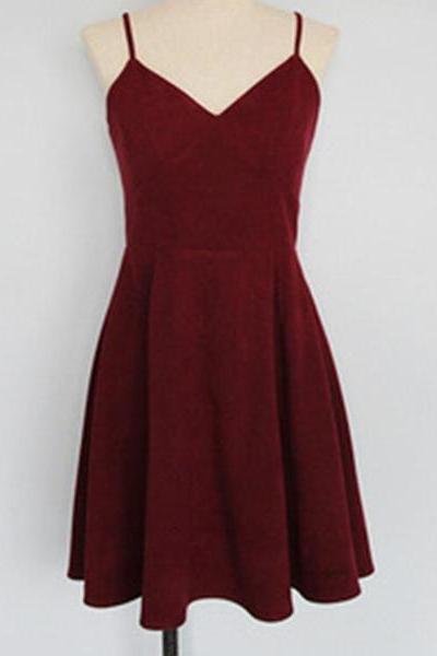 Lovely Short Homecoming Dresses, Wine Red Straps V-neckline Prom Dresses, Party Dresses