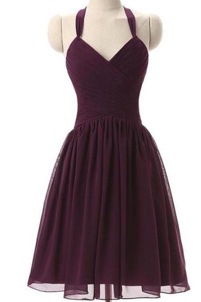 Simple Dark Purple Short Bridesmaid Dresses, Purple Wedding Party Dresses, Halter Bridesmaid Dresses 