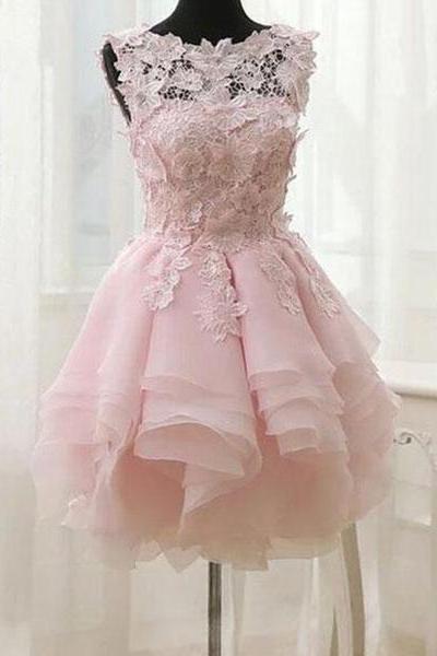 Pink Lace and Chiffon Short Layered Party Dresses, Sweet Formal Dresses, Homecoming Dresses