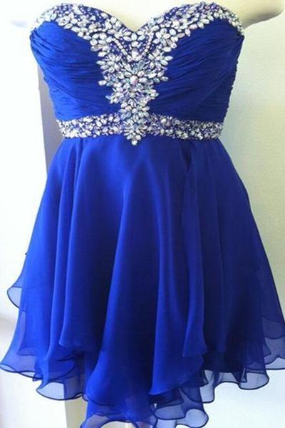 Blue Beaded Charming Prom Dresses, Sweetheart Knee Length Homecoming Dresses, Cute Teen Formal Dresses