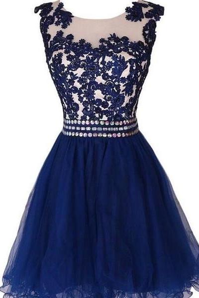 Navy Blue Homecoming Dresses, Applique Detail with Beaded Prom Dresses, Cute Party Dress