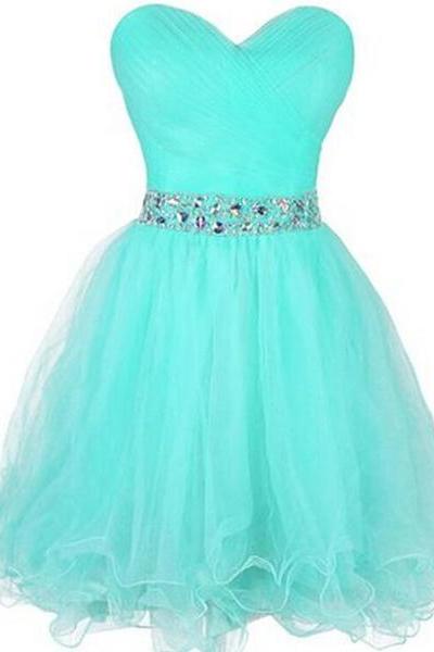 Mint Blue Short Tulle Beaded Homecoming Dresses, Sweetheart Knee Length Prom Dress , Formal Gowns