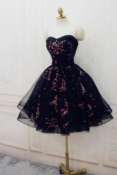 Charming Black Cute Floral Formal Dresses, Black Party Dress, Homecoming Dresses 