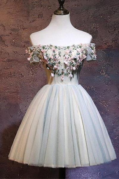 Charming Floral Short Tulle Prom Dresses, Knee Length Party Dresses, Formal Dresses