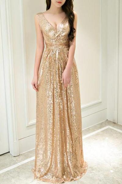 Gold Sequins V-neckline A-line Prom Dress , Sequins Junior Prom Dresses, Formal Dress 