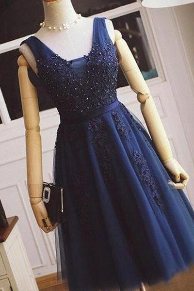 Navy Blue Homecoming Dresses, Applique Short Prom Dress, Knee Length Party Dress