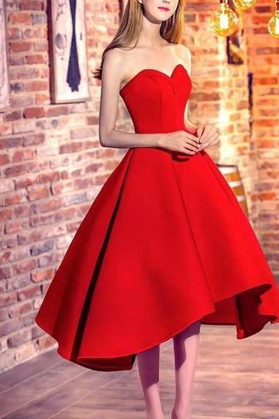 Lovely Satin Red Sweetheart High Low Dress, Pretty Sweet 16 Dresses, Teen Formal Dress