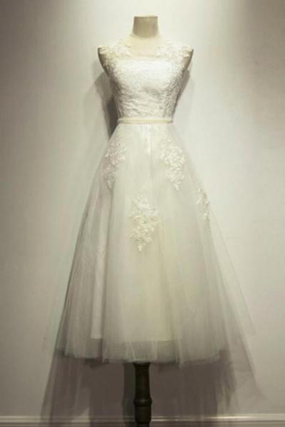 Vintage Handmade White Tea Length Formal Dress, Tulle Party Dress with Applique, Prom Dress 