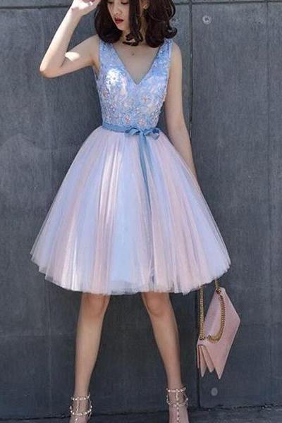 Pink Short Lace V Neck Elegant Homecoming Dresses,Short Prom Dresses , Lovely Floral Party Dress