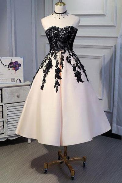 Tea Length Satin with Lace Vintage Prom Dress , Ball Gown, Elegant Formal Dresses