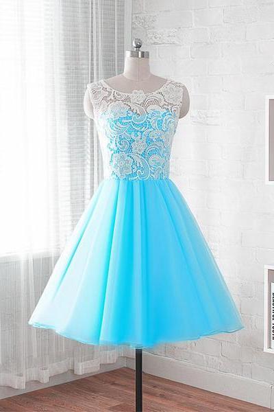 Blue Short Lace Party Dresses, Teen Formal Dresses, Junior Party Dresses