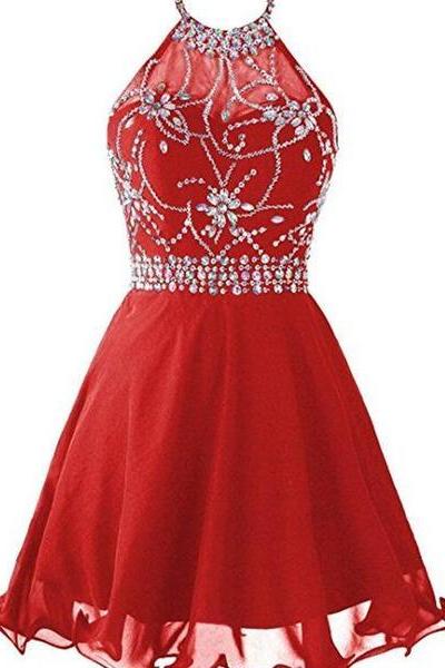 Red Halter Beaded Chiffon Short Homecoming Dresses , Red Party Dress, Red Prom Dresses
