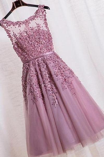 Pink Tea Length School Homecoming Dresses, Applique Pearls ?Short Prom Dresses, Pink Party Dresses