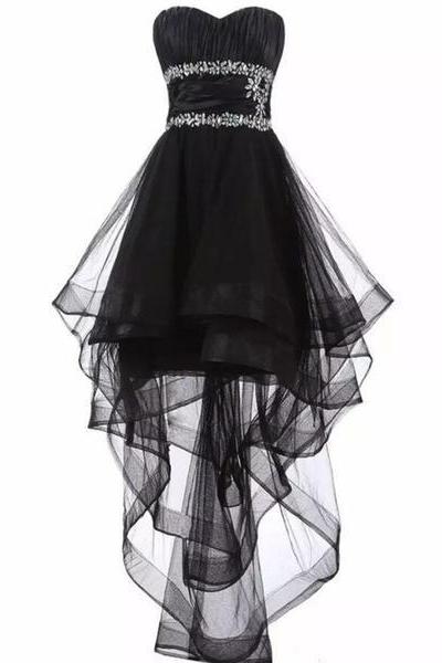 Black Tulle Beaded High Low Party Dresses, Homecoming Dresses, Black Prom Dress 