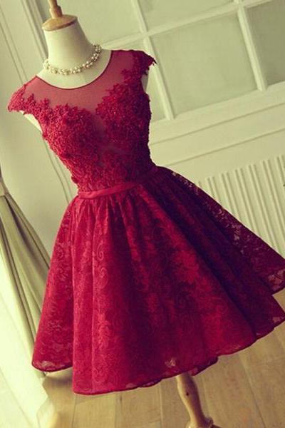 Wine Red Beautiful Lace Short Round Neckline Formal Dresses, Charming Prom Dresses, Cute Party Dress