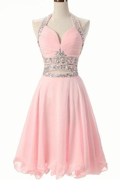 Pink Beaded Short Chiffon New Style Formal Dress , Pink Homecoming Dresses, Short Party Dresses