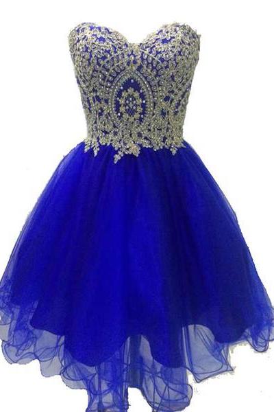Royal Blue Tulle with Gold Applique, Short Prom Dress, Blue Homecoming Dresses