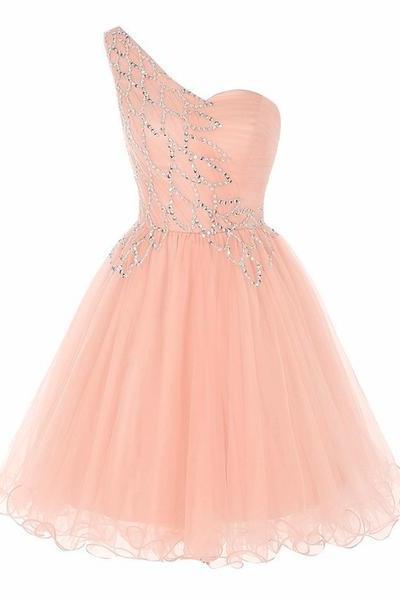 Pink Cute Short Party Dress, ?One Shoulder Short Dresses, Pink Beaded Tulle Homecoming Dress