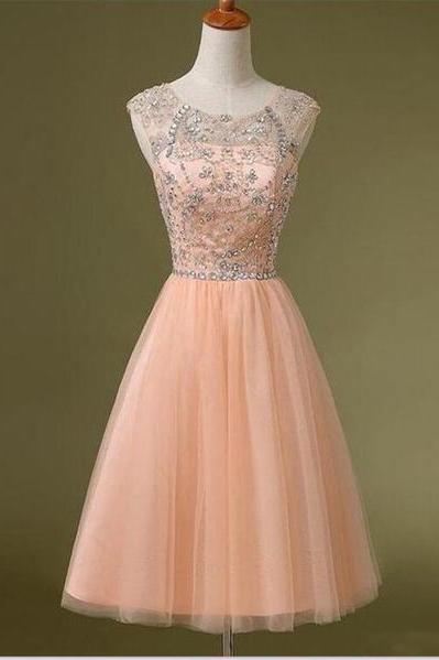 Pearl Pink Short Cute Homecoming Dress, A Line Rhinestone Prom Dress, Party Dress 
