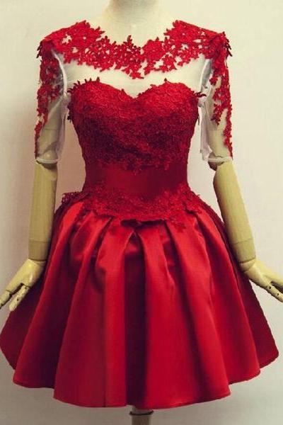 Red Short Sleeves Satin and Applique Homecoming Dresses, Red Short Prom Dresses, Formal Dress 