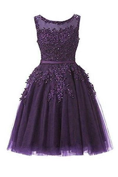 Dark Purple Short Prom Dress, Tulle Prom Dress, Applique Homecoming Dress 
