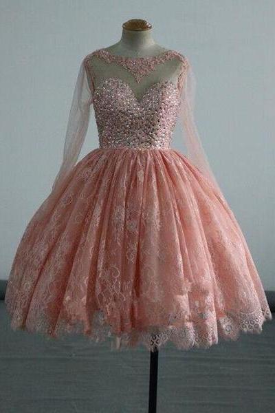 Pink Long Sleeves Homecoming Dresses, Lace and Beaded Party Dress, Short Formal Dress