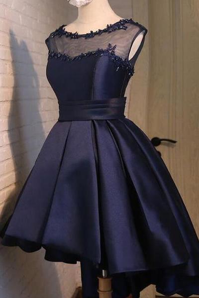 Navy Blue High Low Homecoming Dresses, Lovely Teen Formal Dress, Evening Party Dress Short