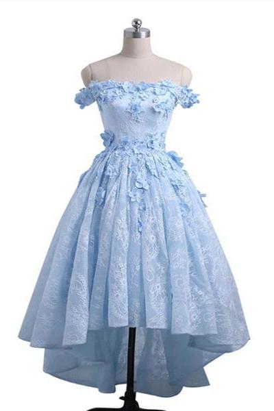 Ice Blue Off Shoulder High Low Party Dresses, Handmade Formal Gowns, Prom Dress 