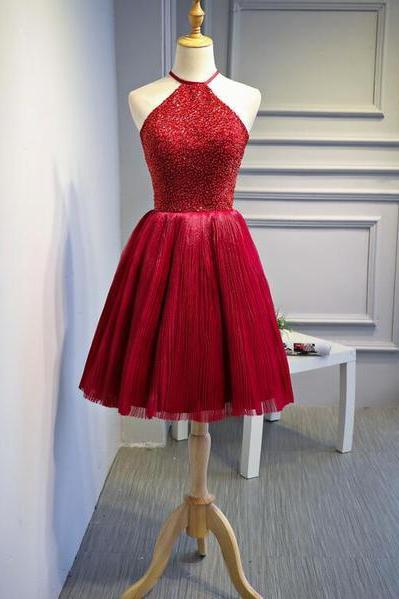 Red Halter Beaded Short Party Dress, Beaded and Sequined Party Dress, Homecoming Dresses
