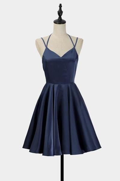 Simple V-neckline Short Straps Halter Homecoming Dresses,Teen Dress, Summer Dress