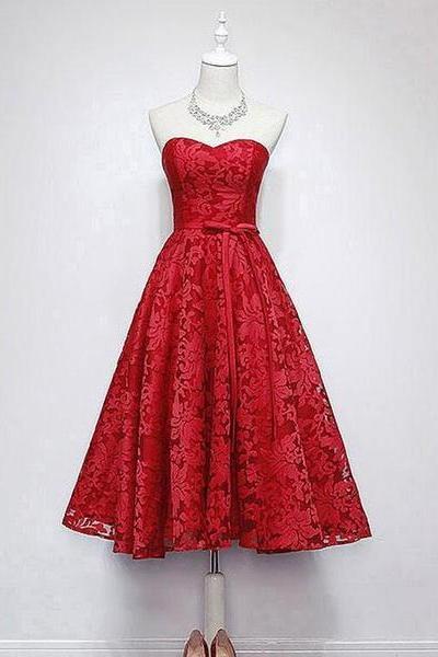 Charming Red Lace Tea Length Wedding Party Dress, Red Lace Dress, Formal Dress 