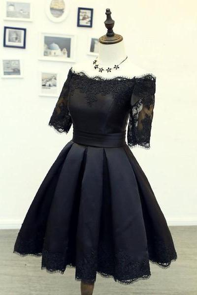 Black Short Sleeves Satin Homecoming Dress, Black Party Dress, Black Formal Dress 
