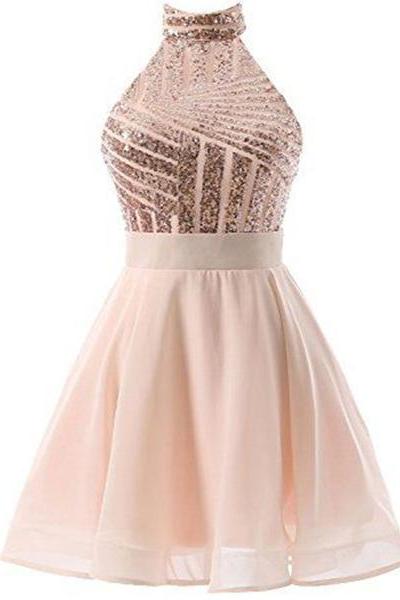 Beautiful Short Pink Sequins Knee Length Homecoming Dresses, Halter Teen Party Dress, Sequins Party Dress