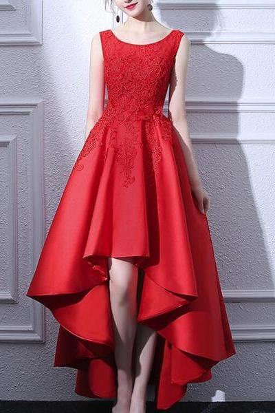 Beautiful Red Satin And Lace High Low Round Neckline Party Dress, Red Party Dress, Red Homecoming Dresses