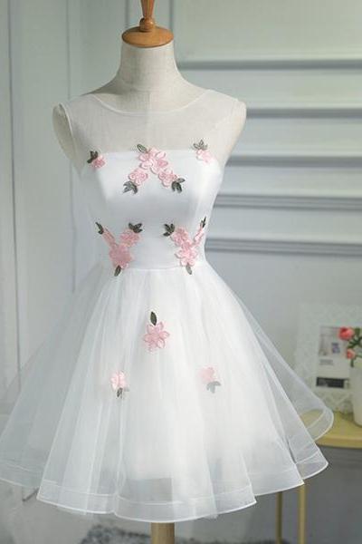 White Short Cute Graduation Party Dress , Lovely Prom Dress , Formal Dress Tulle With Flowers