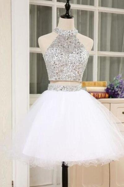 White Two Piece Homecoming Dress, Cute White Party Dress, Short Teen Formal Dress