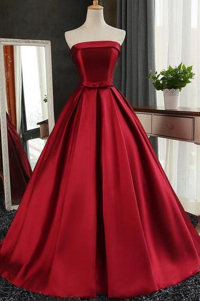 Wine Red Satin Long Party Gowns, Wine Red Formal Gowns, Junior Prom Dress
